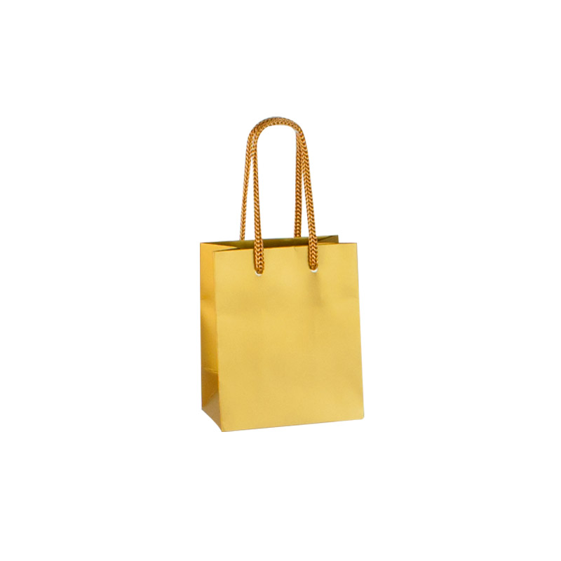 Matt gold coloured paper carrier bags, 16 x 6.5 x 12 cm H, 190g