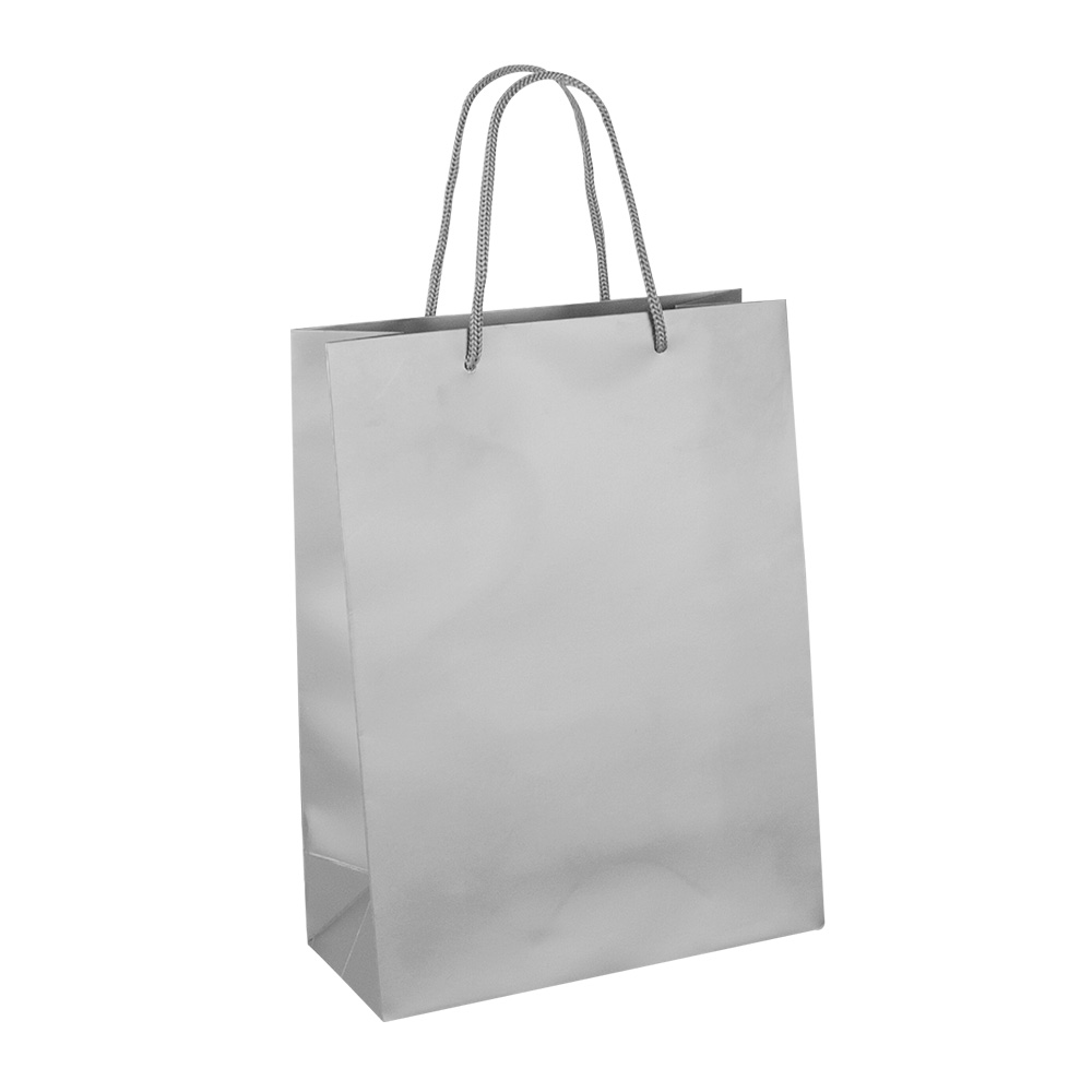 Matt silver coloured paper carrier bags, 22 x 10 x 29 cm H, 190g