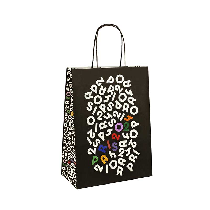 Black kraft paper gift bags with white Paris 2024 Olympic Games design,  12x32x24 cm, 100g