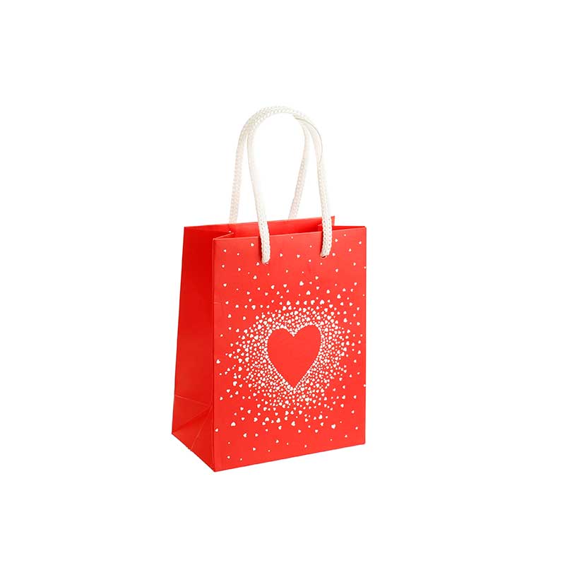 Matt red \\\'confetti heart\\\' print paper gift bags, 11.4 x 6.4 x 14.6 cm, 190 g