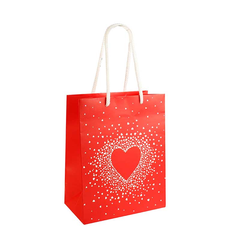 Matt red 'confetti heart' print paper gift bags, 18 x 10 x 22.7 cm, 190 g