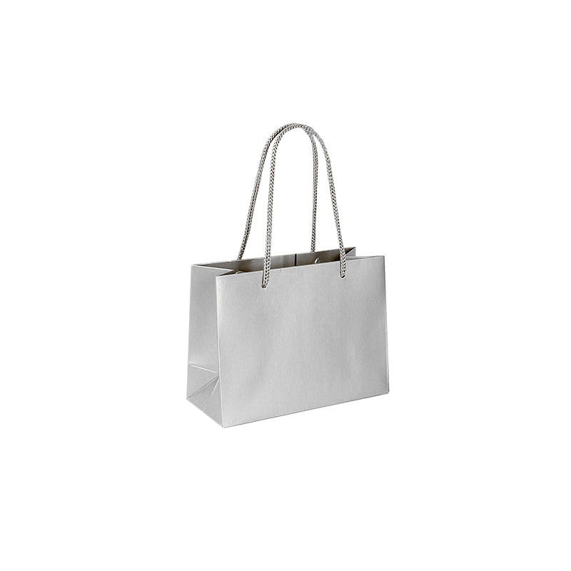 Matt silver coloured paper carrier bags, 16 x 7 x 12 cm H, 190g