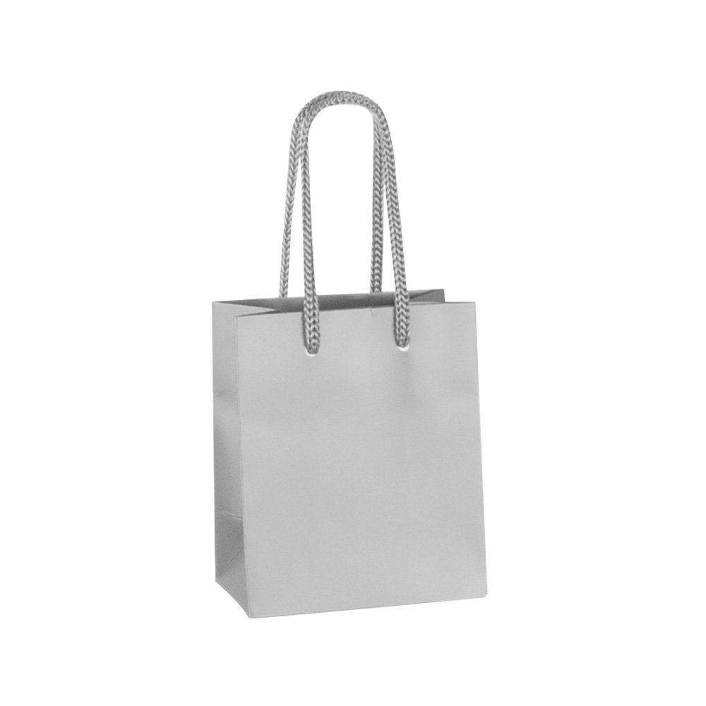 Matt silver coloured paper carrier bags, 10 x 6.5 x 12 cm H, 190g