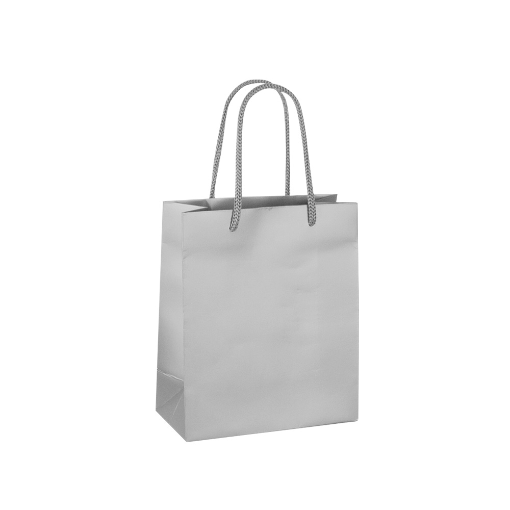 Matt silver coloured paper carrier bags, 16 x 8 x 19 cm H, 190g