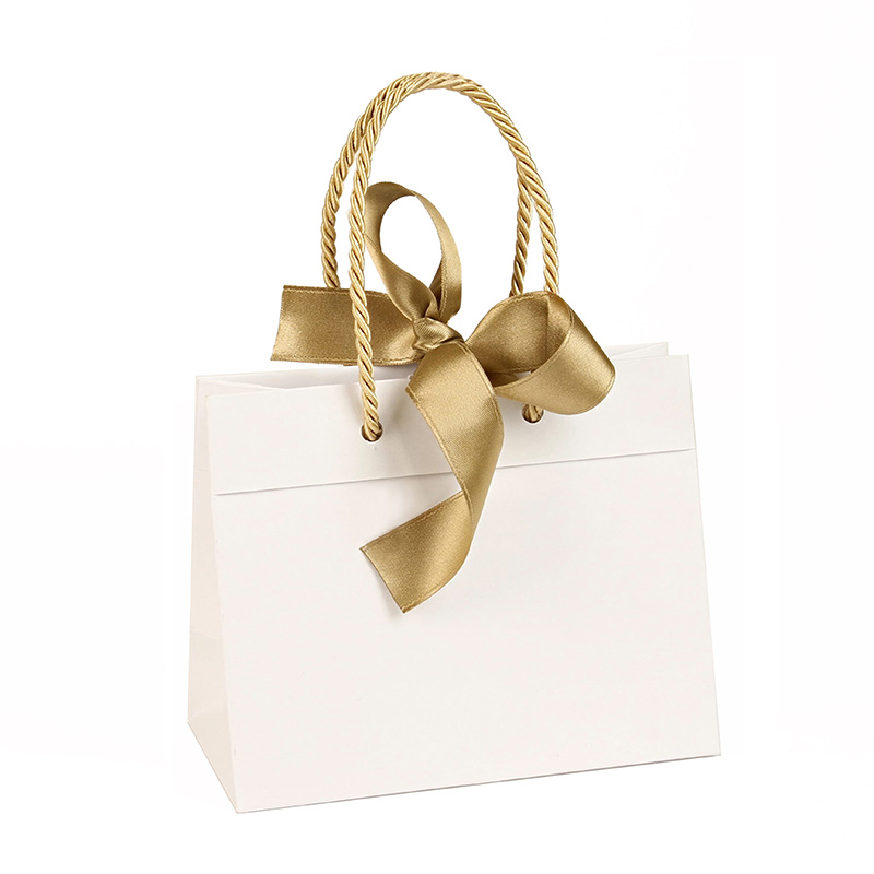 Matt white paper bags with gold ribbon, 33 x 10 x H 24cm, 165g