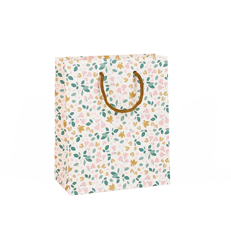 Matt white paper carrier bag with pink and green floral motif, 19 x 10 x 23 cm, 180g