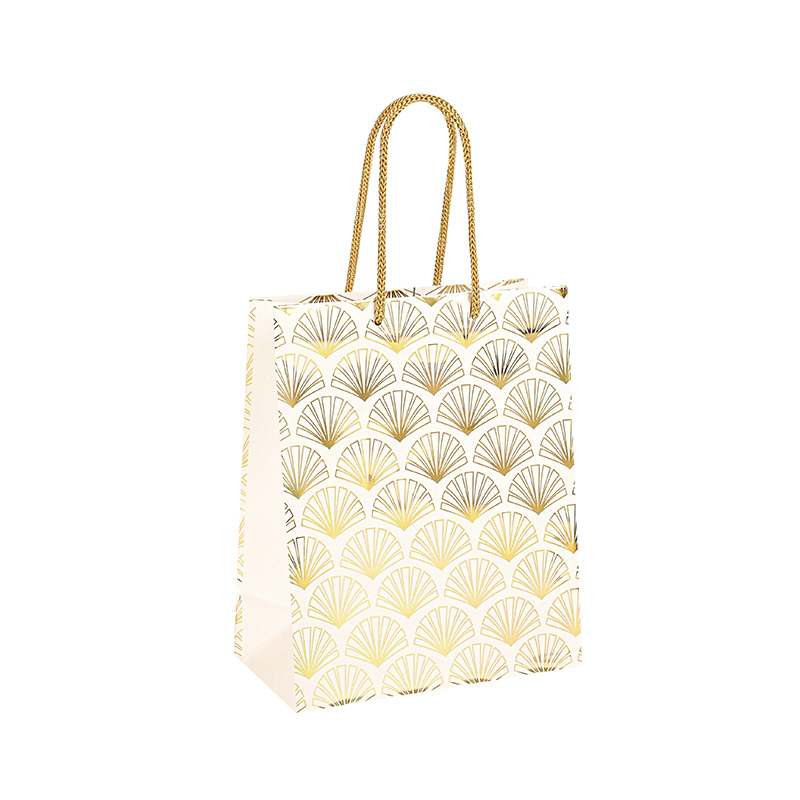 Matt white paper carrier bags with hot-foil gold fan motifs, 18 x 10 x 22.7 cm H, 157g