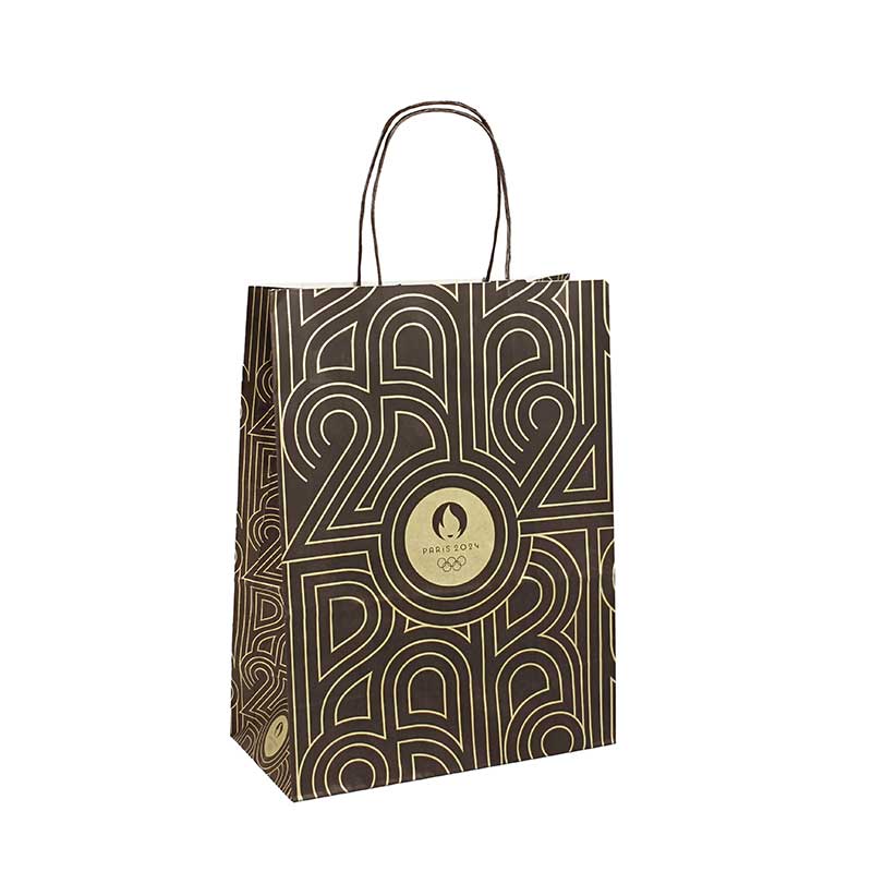 Black kraft gift bags with gold Paris 2024 Olympics motif, 12x32x24 cm, 100g