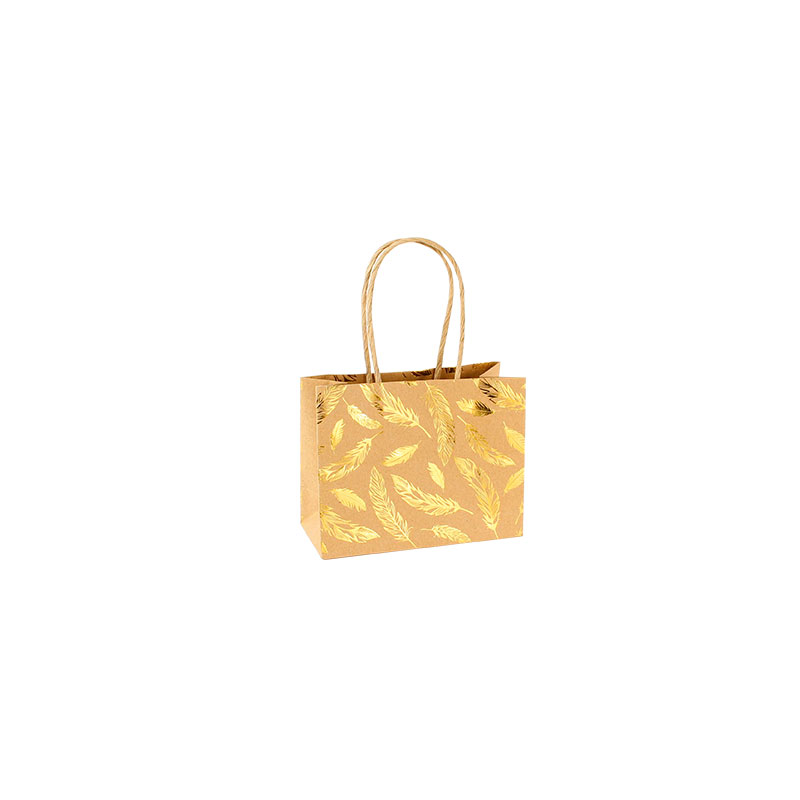 Natural kraft paper boutique bags - gold-coloured feather details, 11.4 x 6.4 x 14.6 cm H, 120g