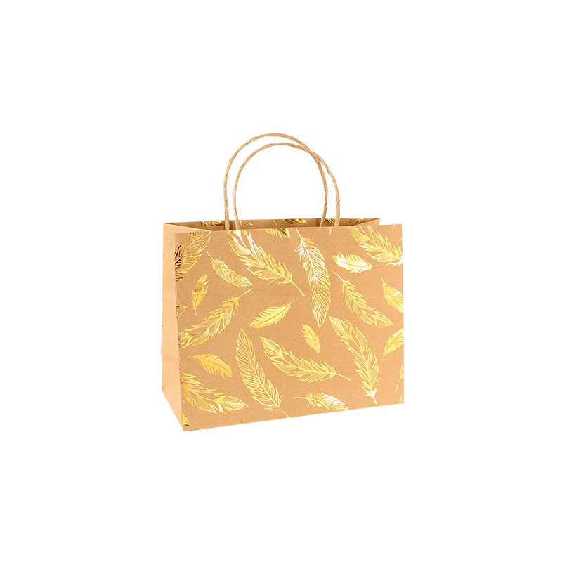 Natural kraft paper boutique bags - gold-coloured feather details, 18 x 10 x 22.7 cm H, 120g