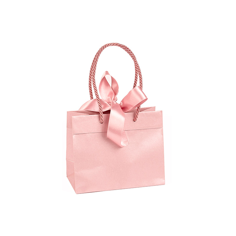 Pearlescent pink paper carrier bag, pink ribbon 16 x 8 x 12cm tall, 165g