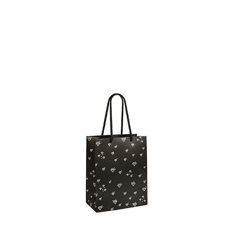 Black matt paper gift bag with silver hot foil printed diamonds, 11 x 6.4 x 14.6cm H, 190g