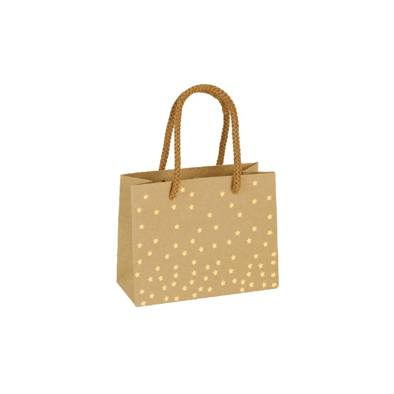 Kraft paper carrier bags with hot-foil gold star motifs, 14.6 x 6.4 x 11.4 cm H, 200 g