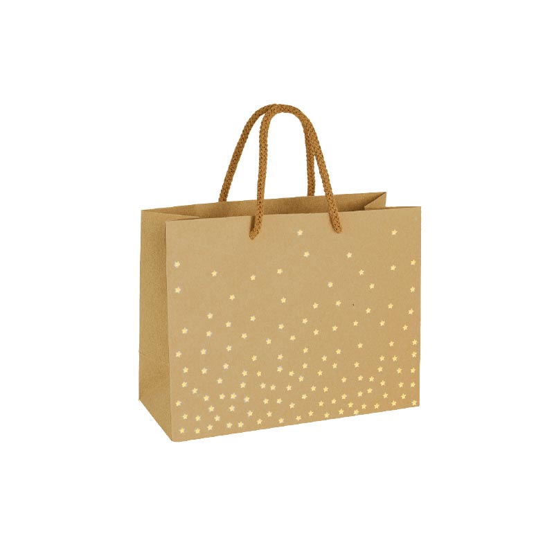 Kraft paper carrier bags with hot-foil gold star motifs, 22.7 x 10 x 18cm H, 200g