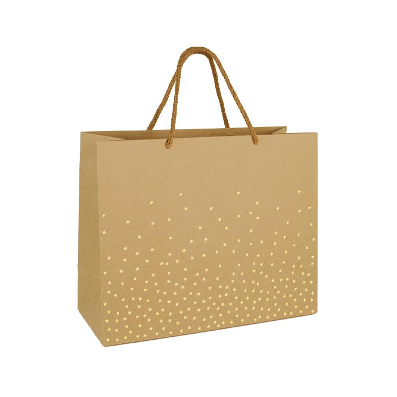 Kraft paper carrier bags with hot-foil gold star motifs, 32.7 x 13.6 x 26.4cm H, 200g