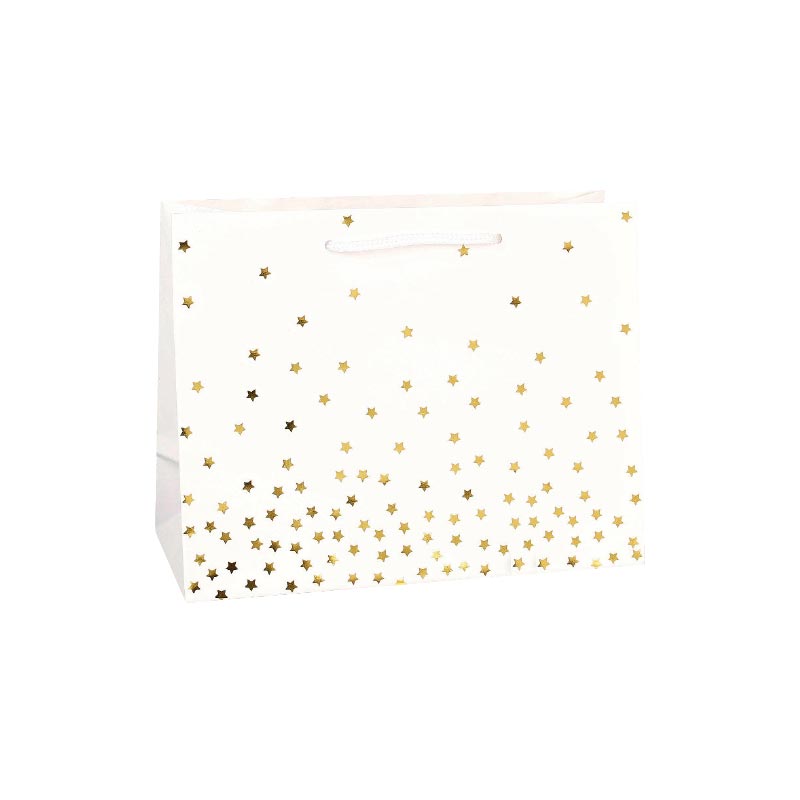 Matt white paper carrier bags with hot-foil star motifs, 22.7 x 10 x 18 cm H, 157 g