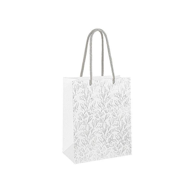 Matt white paper gift bags, hot foil printed silver foliage 11.4 x 6.4 x H 14.6 cm, 190 g