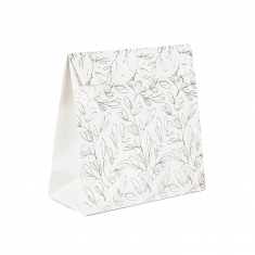 Glossy white paper pouches, silver hot foil printed botanical motifs, 18.5 x 8 x 18.5 cm tall, 190 g