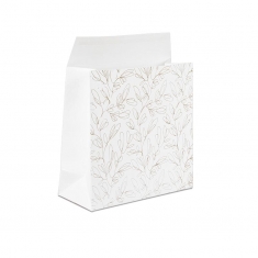 Glossy white paper pouches, silver hot foil printed botanical motifs, 18.5 x 8 x 18.5 cm tall, 190 g