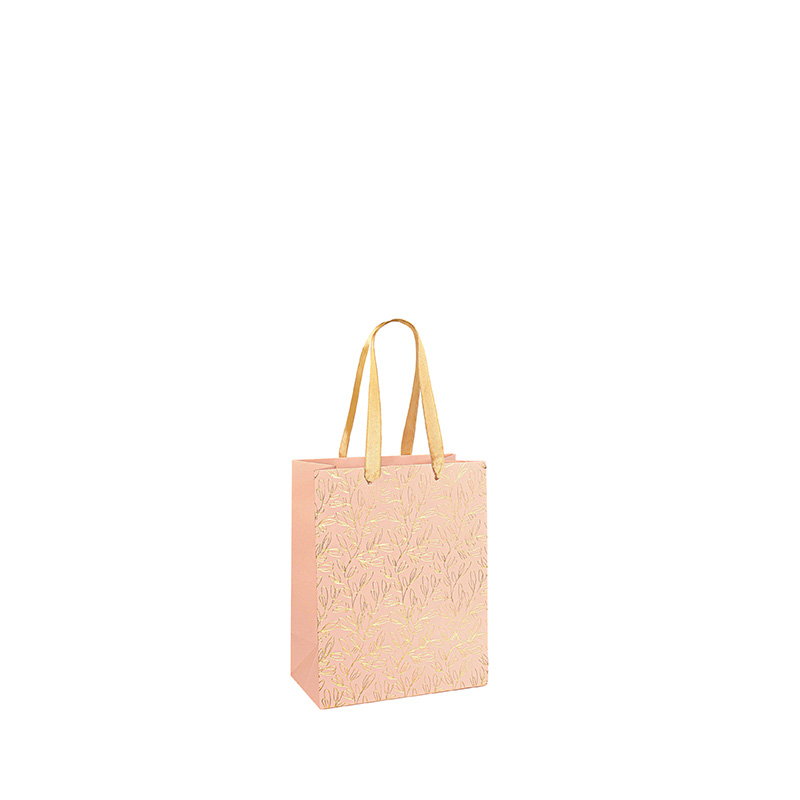 Vintage pink gift bags with gold hot foil printed foliage, 11.4 x 6.4 x 14.6cm H, 190g