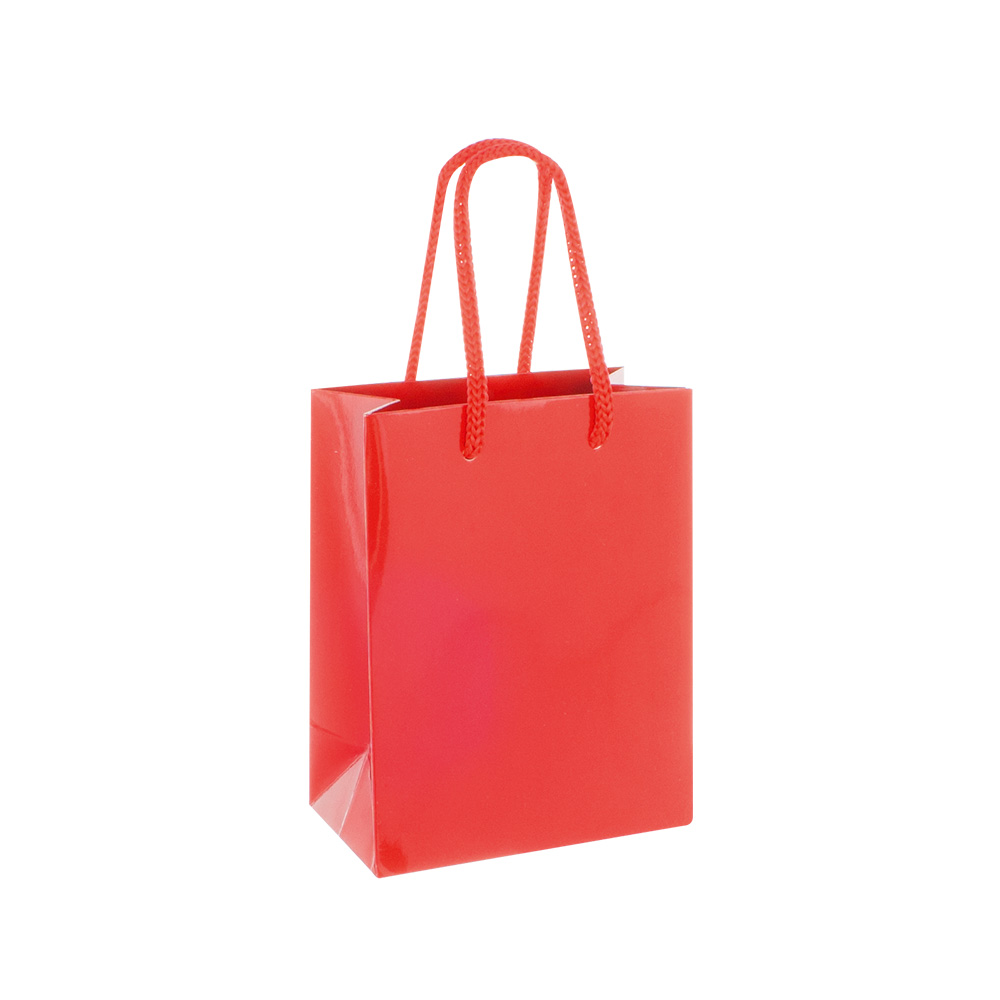 Red gloss paper boutique bags, 11.4 x 6.4 x 14.6 cm H, 190 g