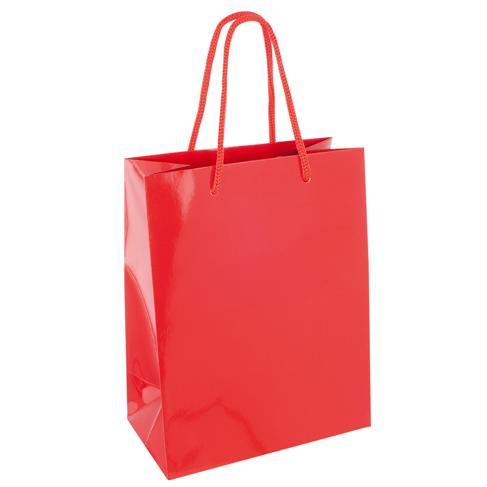 Red gloss paper boutique bags, 18 x 10 x 22.7 cm H, 190 g