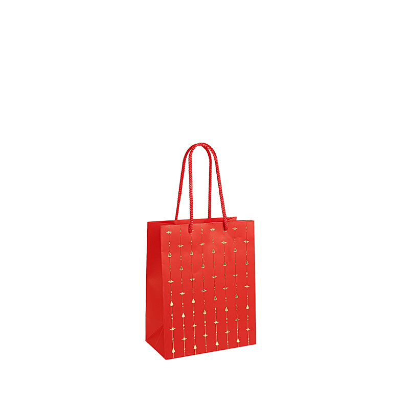 Red paper gift bags, hot foil printed gold Christmas motifs 11 x 6.4 x 14.6 cm, 190g