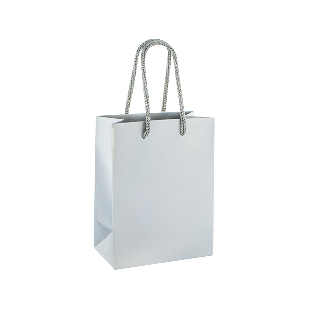 Silver coloured gloss paper boutique bags, 11.4 x 6.4 x 14.6 cm H, 190 g