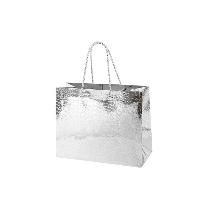 Silver mirror-effect paper crocodile boutique bags, 22.7 x 10 x 18 cm H, 190 g