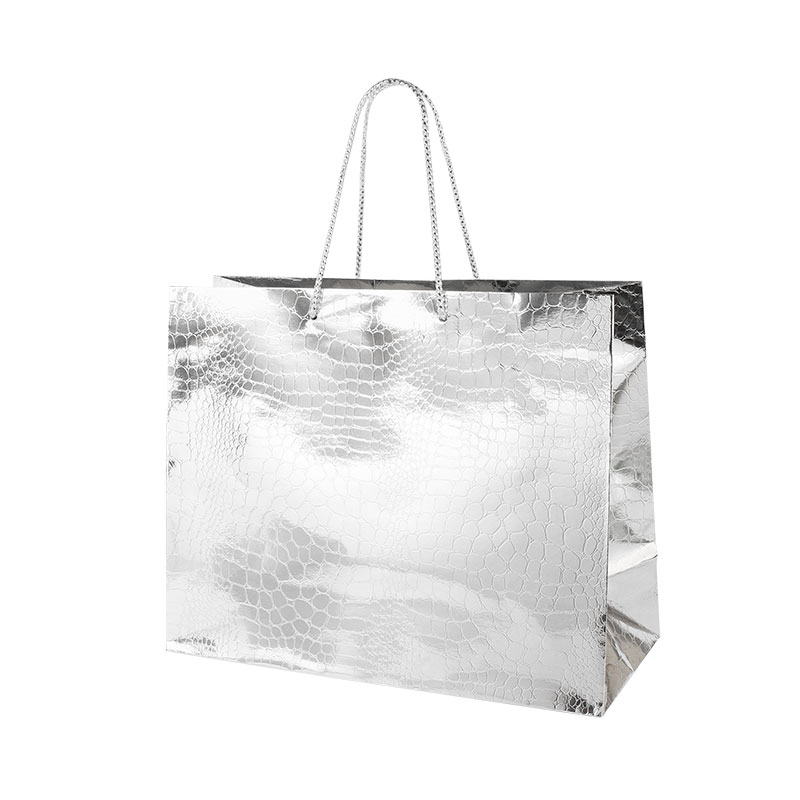 Silver mirror-effect paper crocodile boutique bags, 32.7 x 13.6 x 26.4 cm H, 190 g