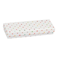 Laminated white card jewellery presentation box with multicoloured polker dots