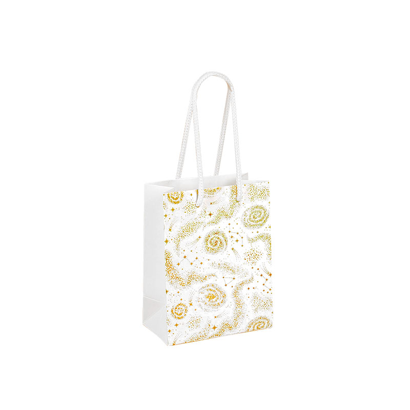 White paper gift bag, gold hot foil printed constellation motifs, 11.4 x 6.4 x 14.6 cm H, 190g