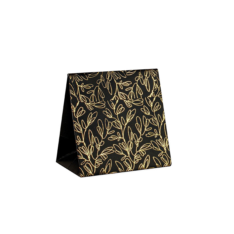 Black satin-finished stand-up paper bags with gold leaf print, 190g - 14.5 x 6.5 x H 14.5cm
