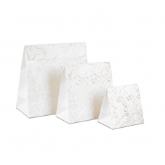 Glossy white paper pouches, silver hot foil printed botanical motifs, 10 x 6.5 x 10 cm tall, 190 g