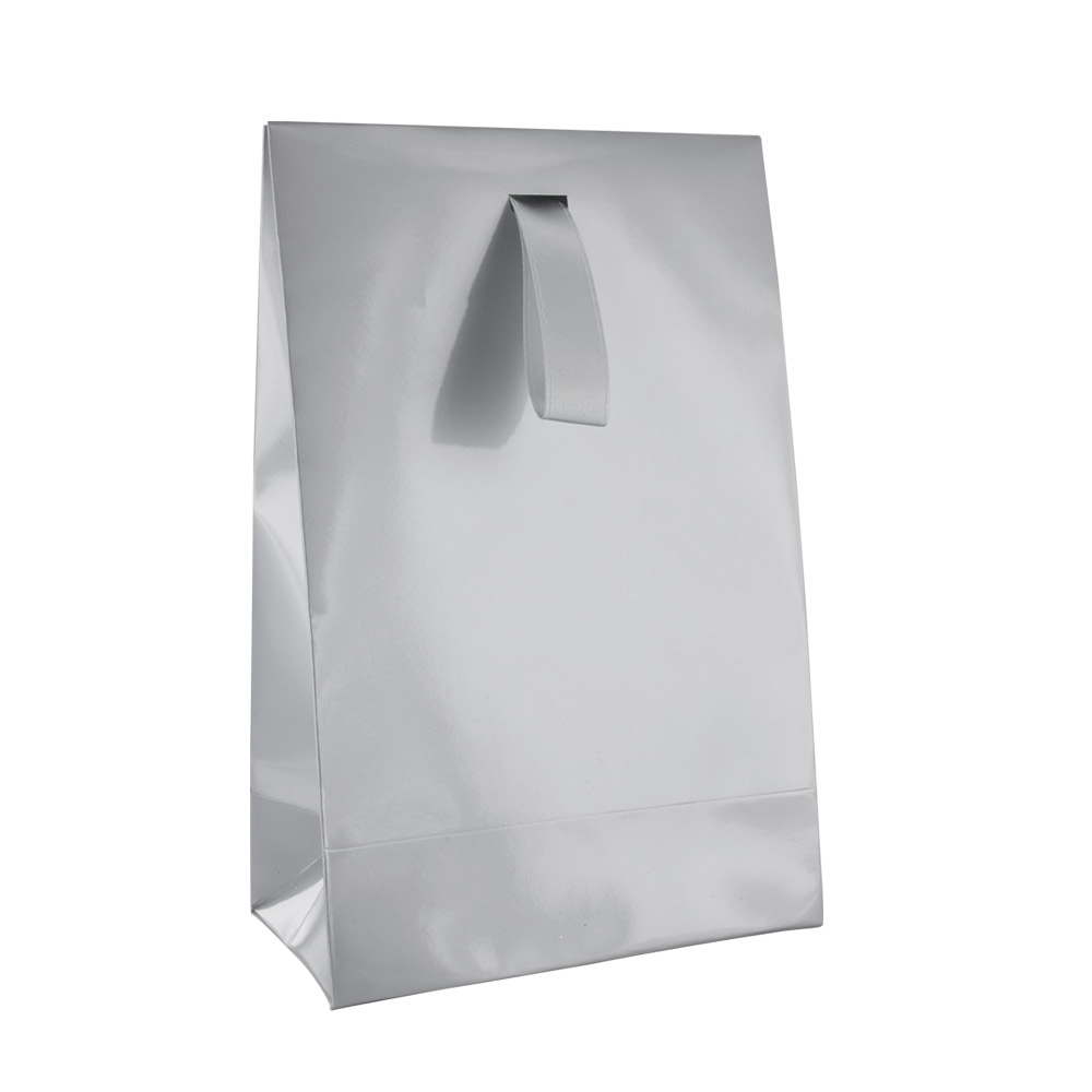 Grey laminated paper stand up bags with silver ribbon, 170 g - 13 x 7 x 20 cm tall