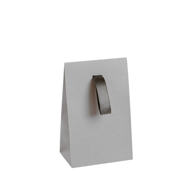 Grey matt paper stand-up bags, ribbon, 170g - 10 x 6.5 x 16 cm H