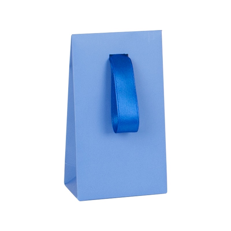 Matt blue paper stand-up bags with matching satin ribbon, 170 g - 7 x 4 x 12 cm tall