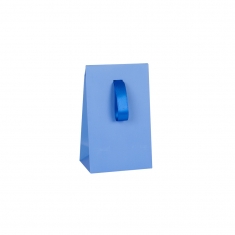 Matt blue paper stand-up bags with matching satin ribbon, 170 g - 10 x 6.5 x 16 cm tall