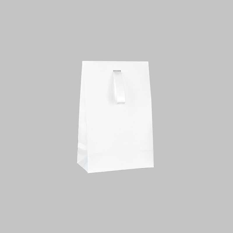 Matt white paper stand-up bags with white satin ribbon, 140 g - 13 x 7 x 20 cm tall