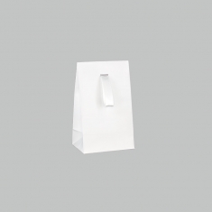 Matt white paper stand-up bags with white satin ribbon, 140 g - 10 x 6.5 x 16 cm tall