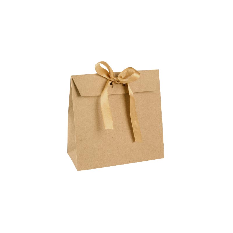 Natural kraft paper stand-up bags, gold-coloured satin ribbon tie, 200 g - 14.5 x 6.5 x 14.5 cm tall