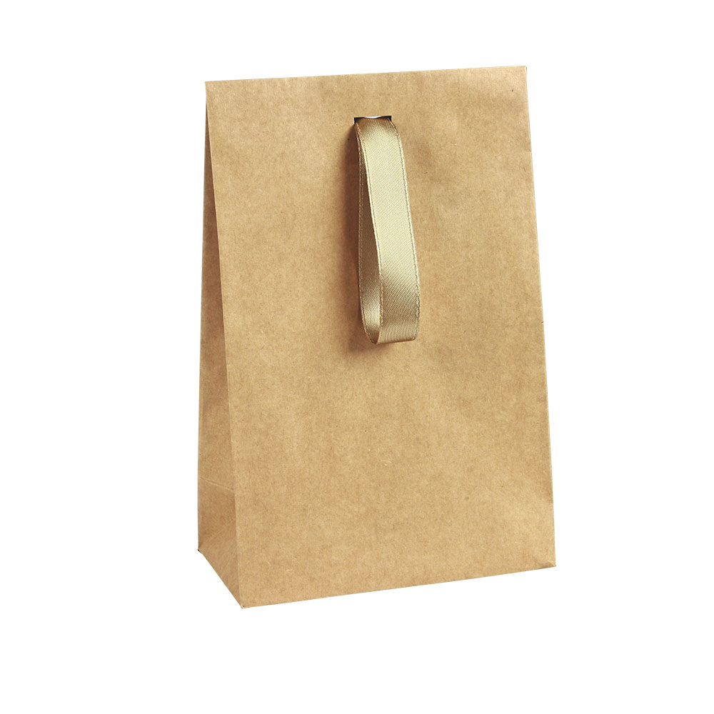 Natural kraft paper stand-up bags with matching satin ribbon, 125 g - 16 x 7 x 20 cm tall