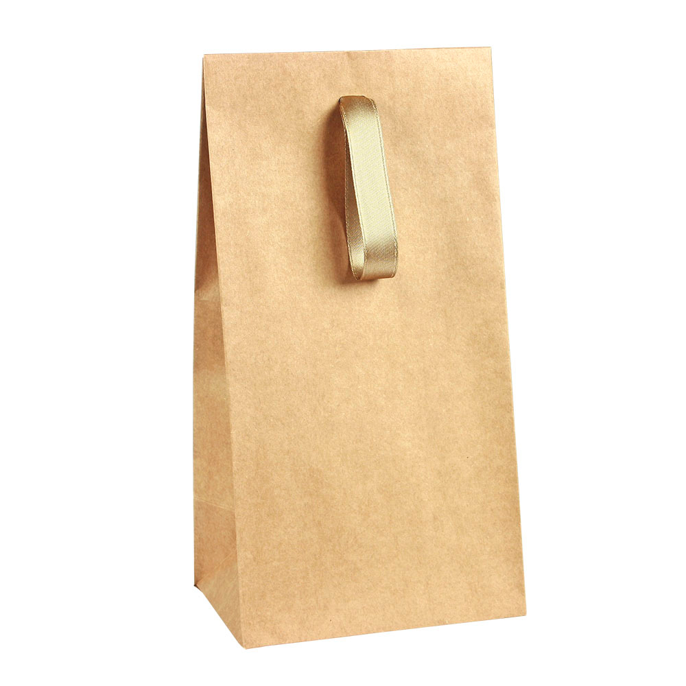 Natural kraft paper stand-up bags with matching satin ribbon, 125 g - 13 x 9.5 x 25 cm tall