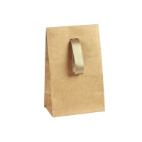 Natural kraft paper stand-up bags with matching satin ribbon, 125 g - 10 x 6.5 x 16 cm tall