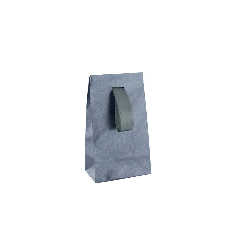 Pearlescent charcoal grey paper stand-up bags with grey ribbon, 125g - 7 x 4 x 12cm tall