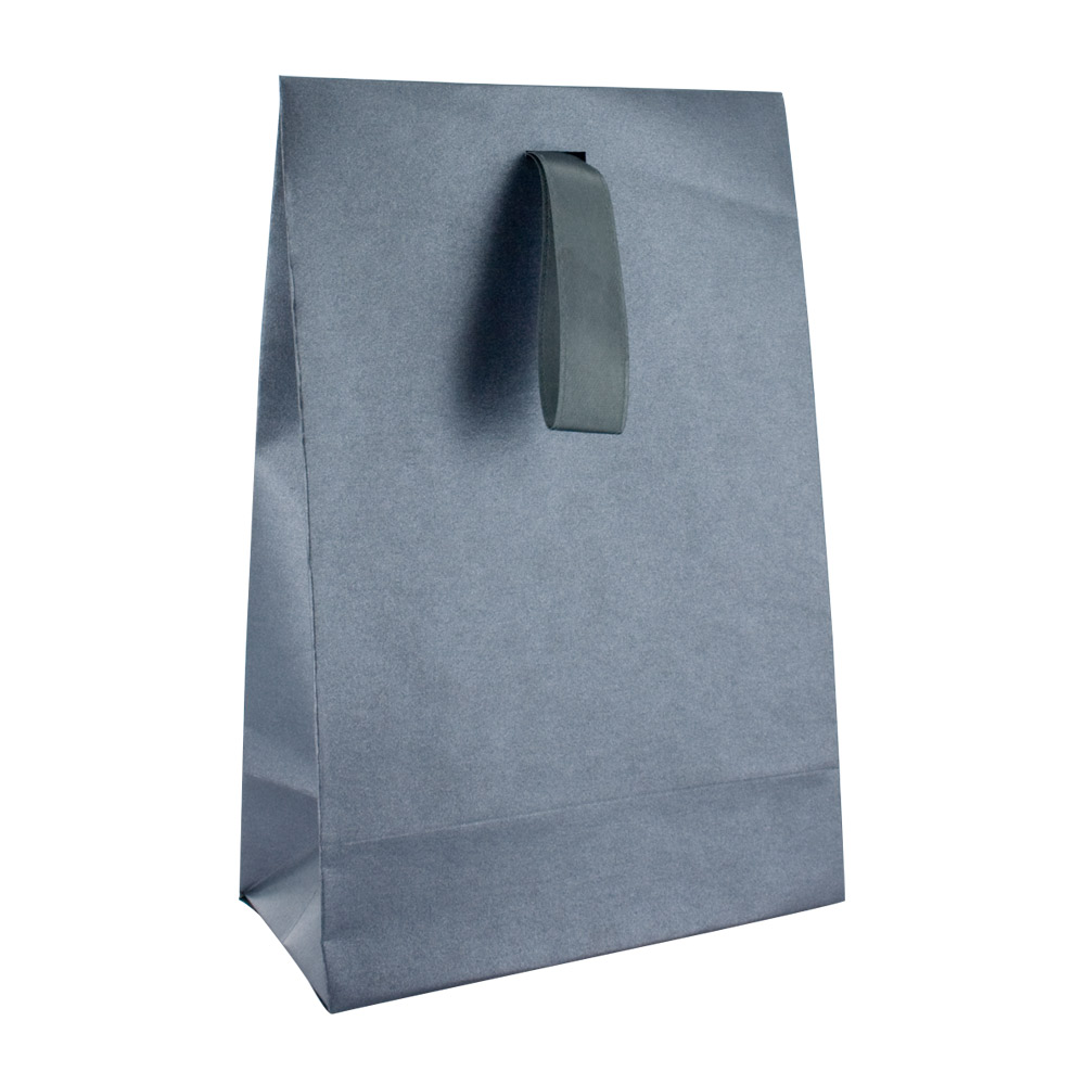 Pearlescent charcoal grey paper stand-up bags with grey ribbon, 125g - 13 x 7 x 20cm tall