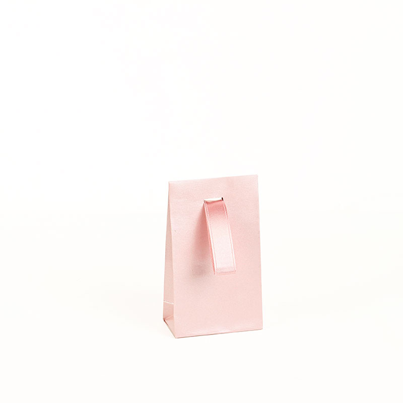 Pearlescent pink paper stand-up bags with pink ribbon, 125 g - 10 x 6.5 x 16 cm tall