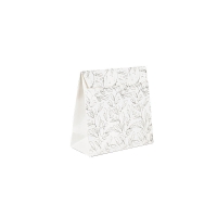 Glossy white paper pouches, silver hot foil printed botanical motifs, 18.5 x 8 x 18.5 cm tall, 190 g