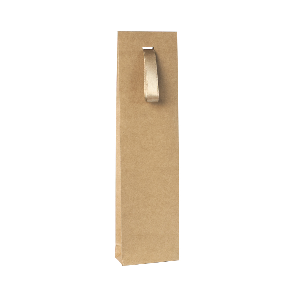 Natural kraft paper stand-up bags with matching satin ribbon, 125 g - 7 x 4 x 12 cm tall