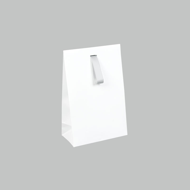 White laminated paper stand up bags with gold ribbon, 170 g - 13 x 7 x 20 cm tall